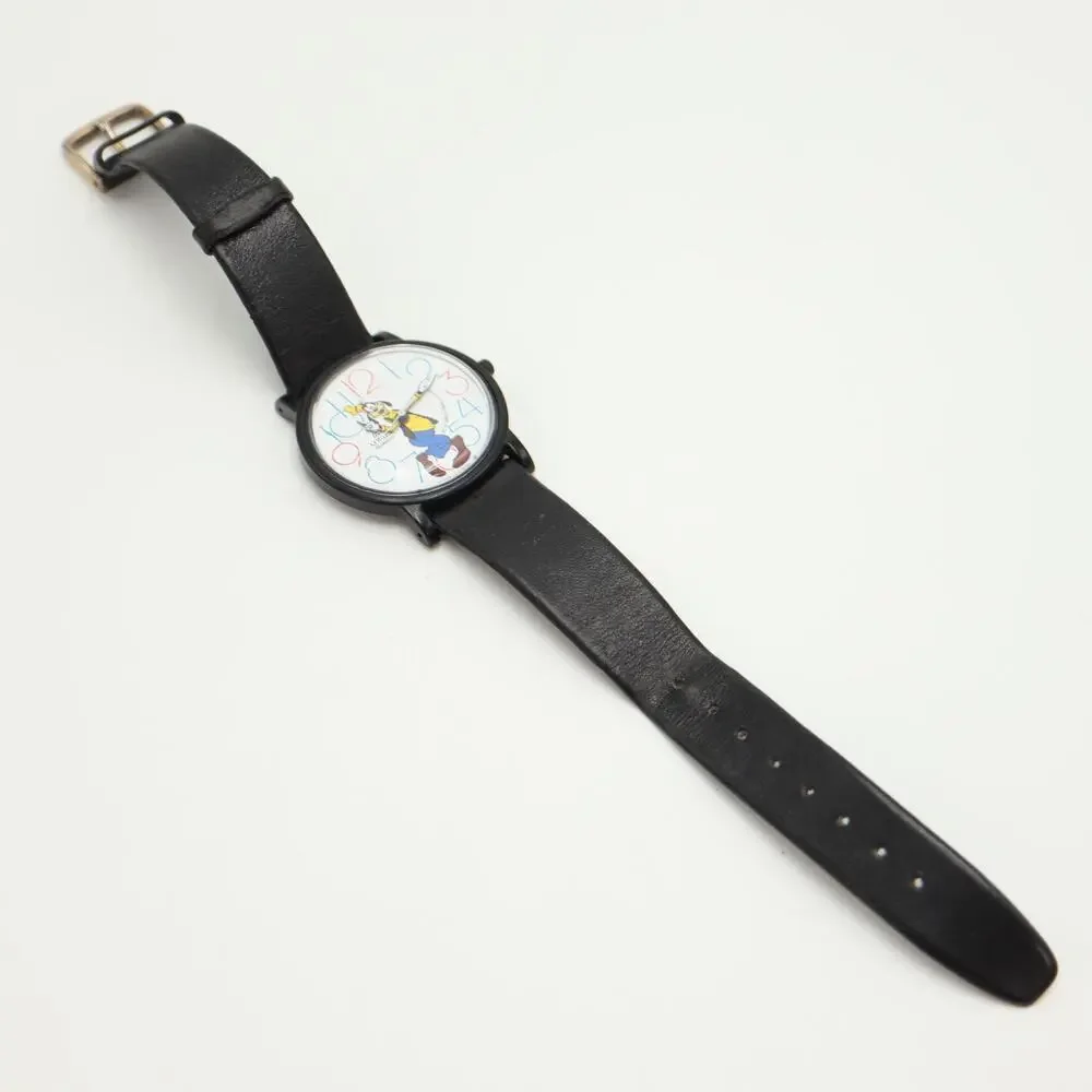 Vintage Lorus Seiko Disney Goofy 35mm Watch Black Leather V515-8030 New Battery